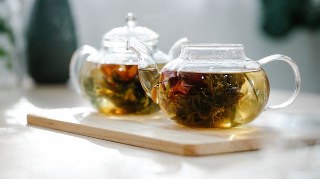 Herbal tea in a glass teapot